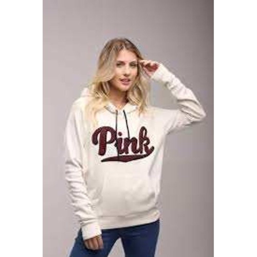 Victoria's Secret PINK Cream Pullover Hoodie with Maroon Embroidered Logo Size S
